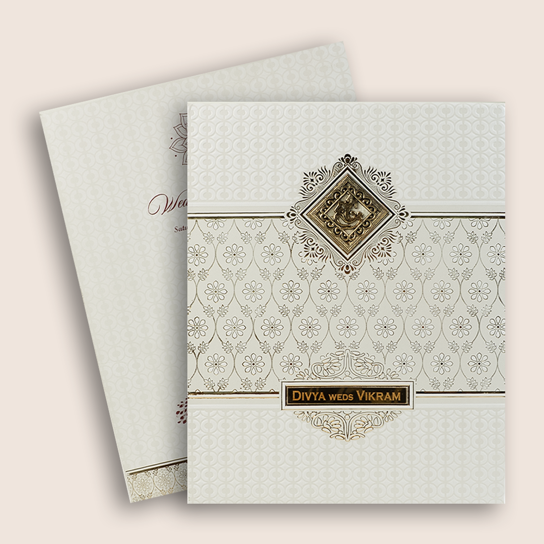 White Gold Floral Padded Wedding Card-KNMS9307