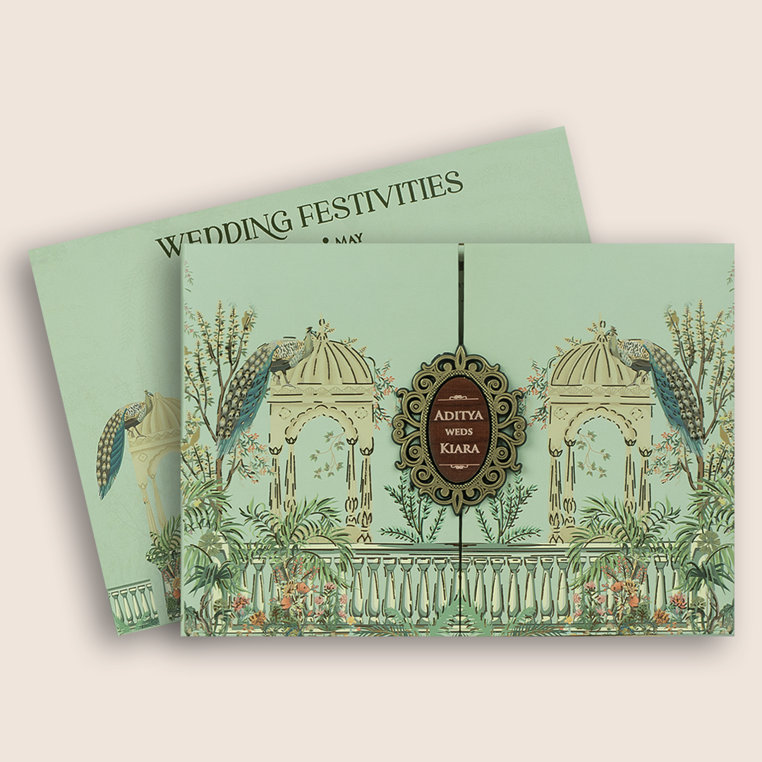 Pastel Green Peacock Door Style Padded Wedding Card - KFR16390