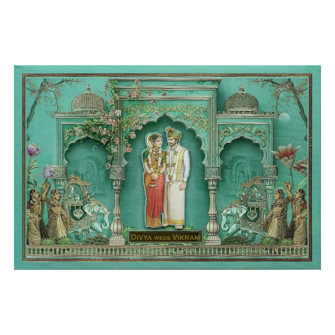 Green Padded Bride Groom Palace Wedding Card-KNAK4701