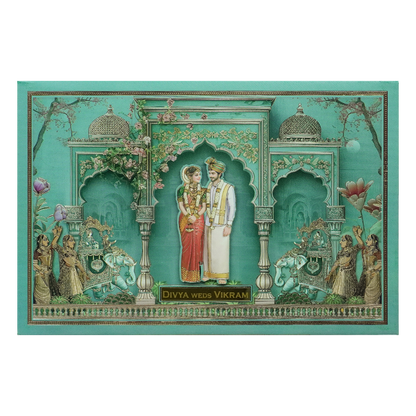 Green Padded Bride Groom Palace Wedding Card-KNAK4701