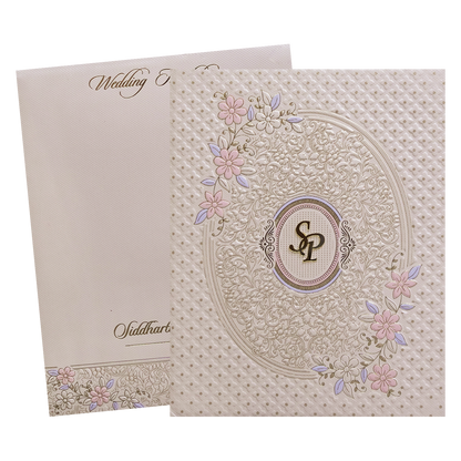 Pink Floral Embossed Padded Wedding Card - KMMWD1126