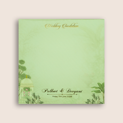 Pastel Green Jharokha Padded Door Style Wedding Card - KJTS1817