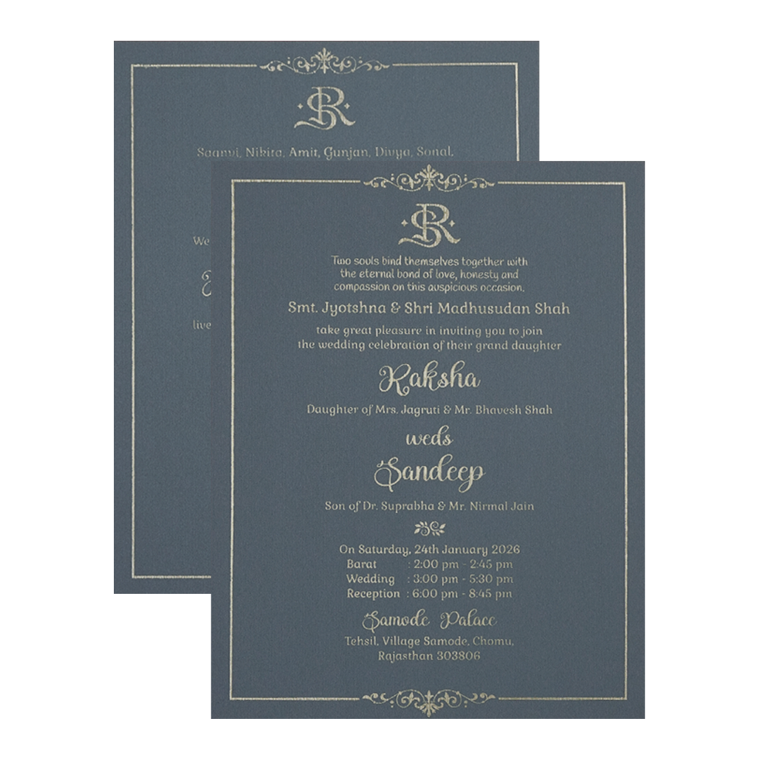 Blue Gold Floral Border Padded Wedding Card-KSI64420