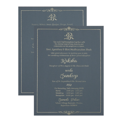 Blue Gold Floral Border Padded Wedding Card-KSI64420