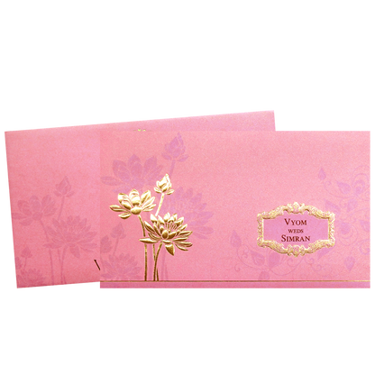 Pink Gold Embossed Flower Wedding Invitation Card-KPR06330