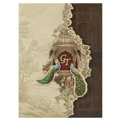 Brown Peacock Mandir Wedding Card-KSI64790