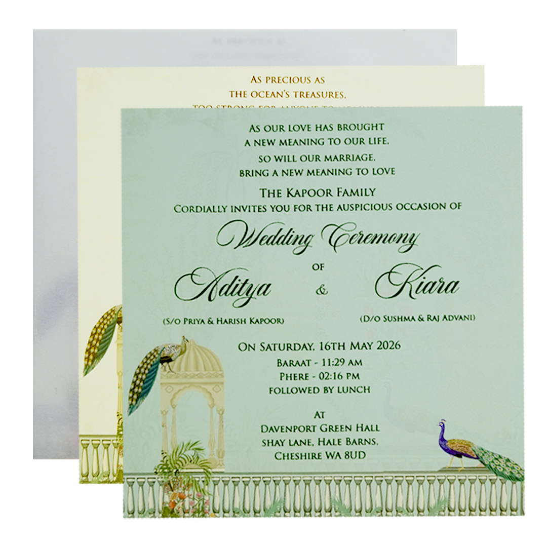 Pastel Green Peacock Dome Wedding Card-KFR15200