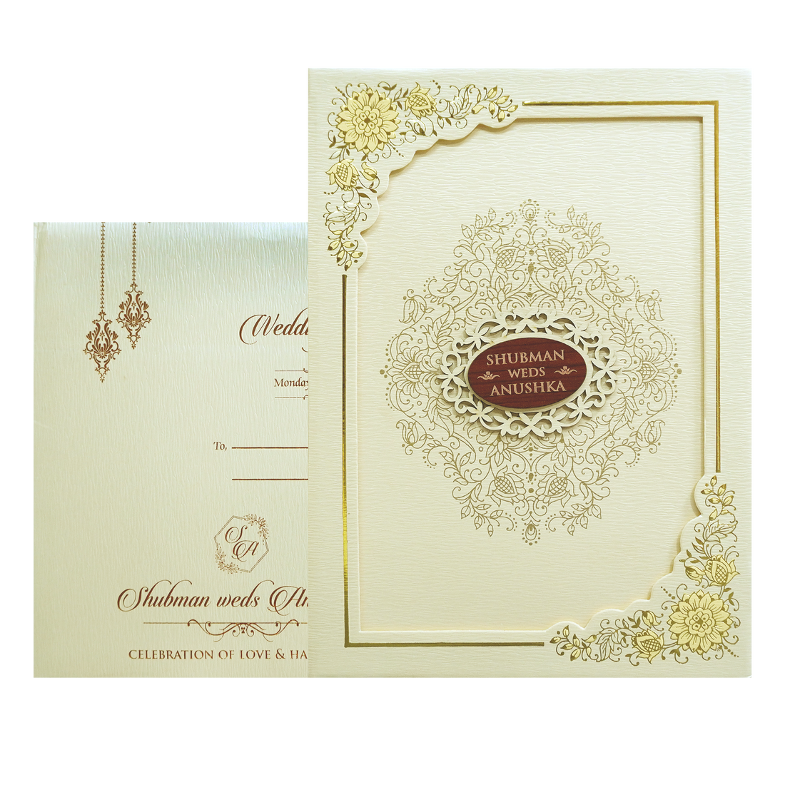Cream Floral Frame Type Wedding Card-KRB09671