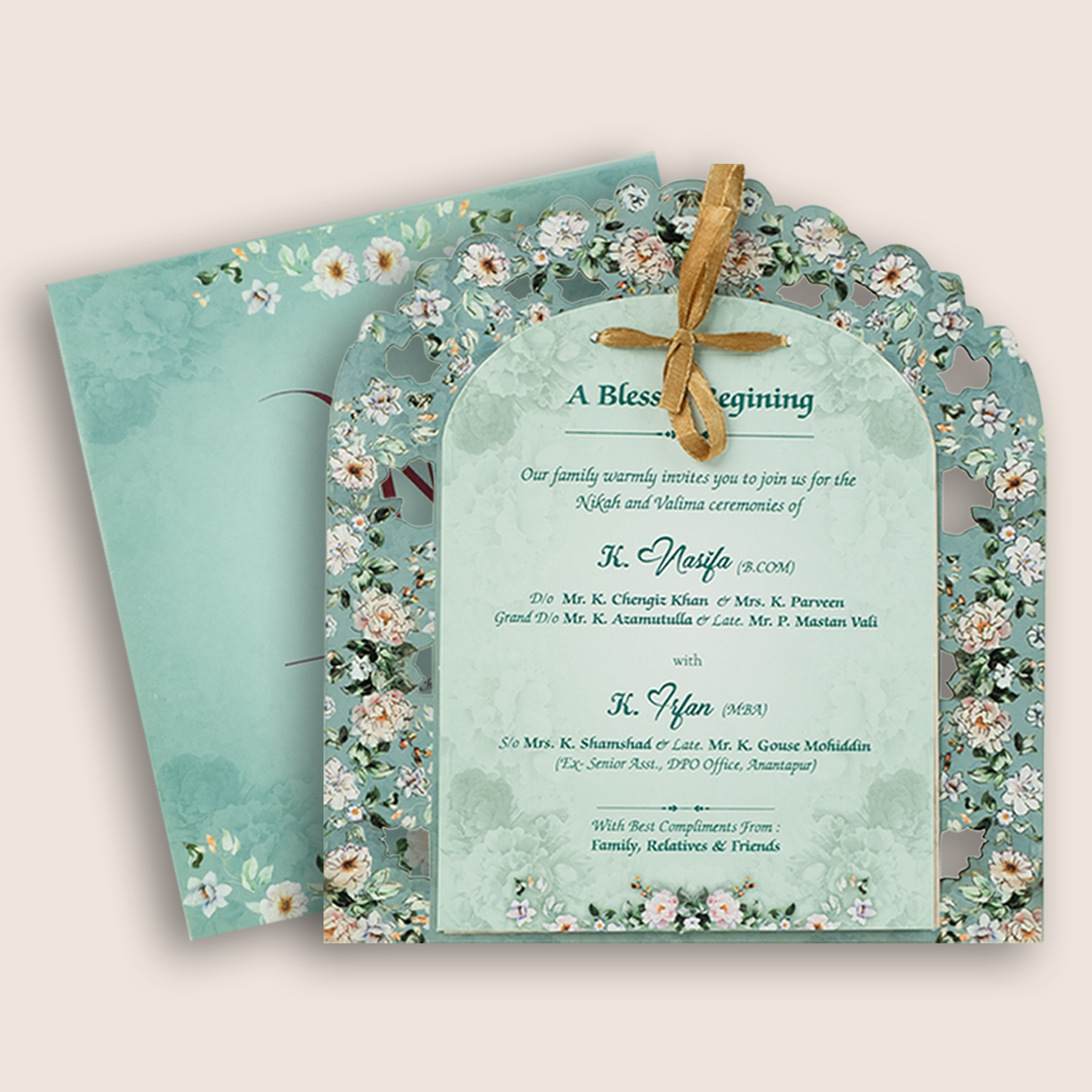 Blue Floral MDF Laser Cut Invitation Card-KNKA8062