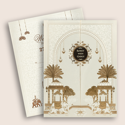 White Embossed Elephant Door Style Padded Marriage Invitation - KSH27280