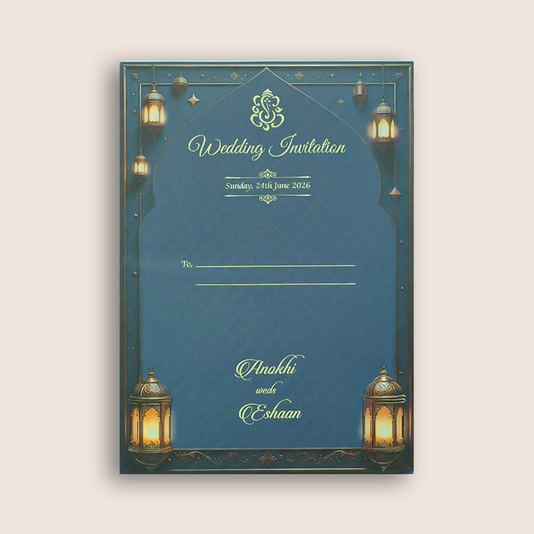 Royal Blue Floral Padded Door Style Wedding Card - KJTS3678