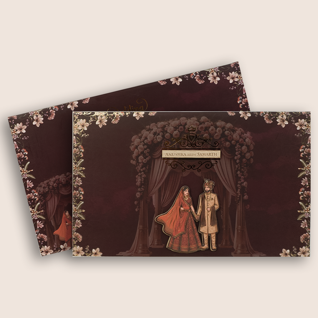 Brown Embossed Floral Bride Groom Padded Wedding Card - KVN07930