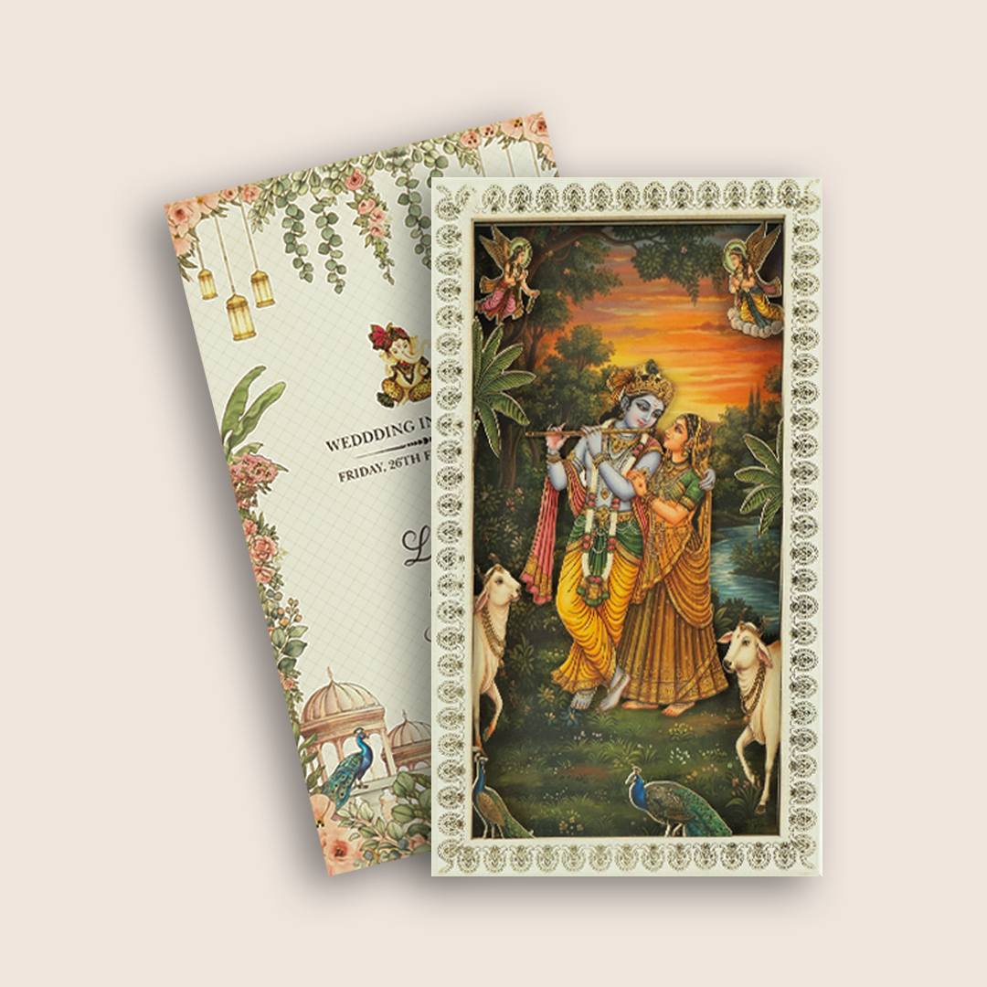 White MDF Lord Radha Krishna Laser Cut Wedding Invitation - KNLW202577
