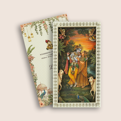 White MDF Lord Radha Krishna Laser Cut Wedding Invitation - KNLW202577