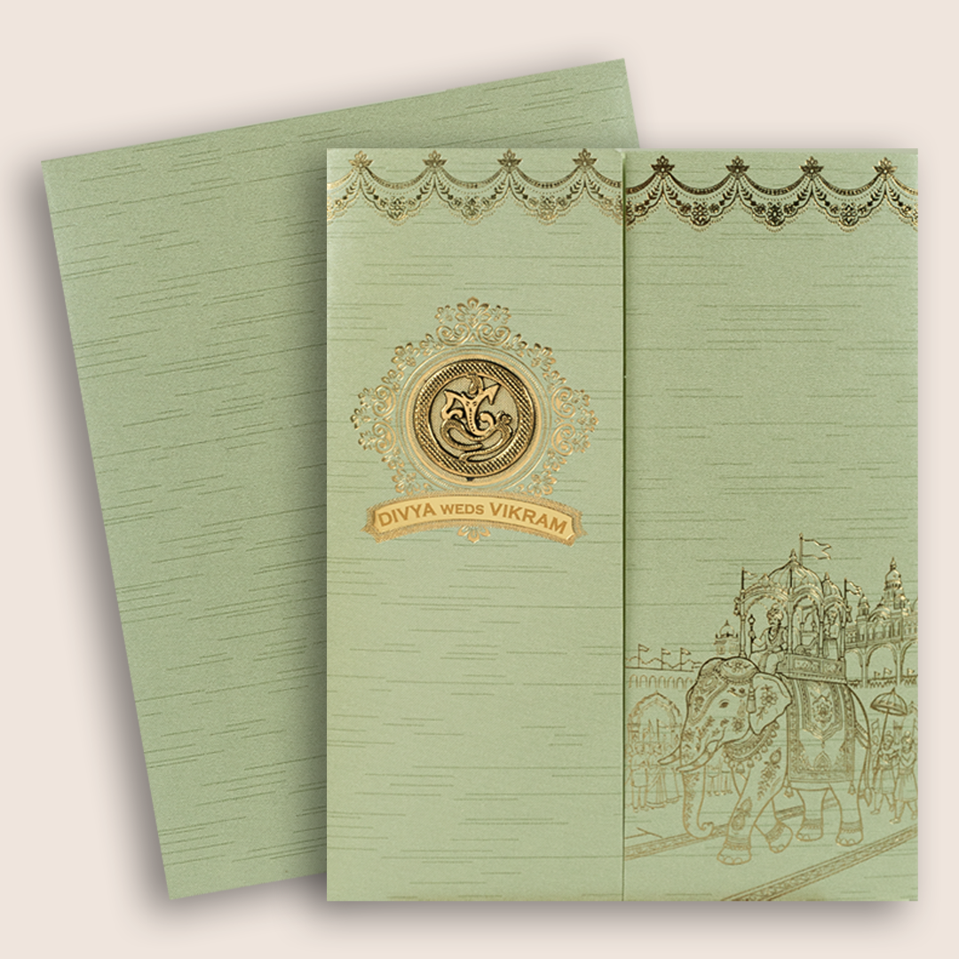 Green Royal Baraat Door Style Wedding Invitation Card - KNKR5037N