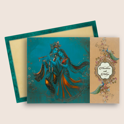 Blue Padded Radha Krishna Door Style Wedding Card - KAA06030