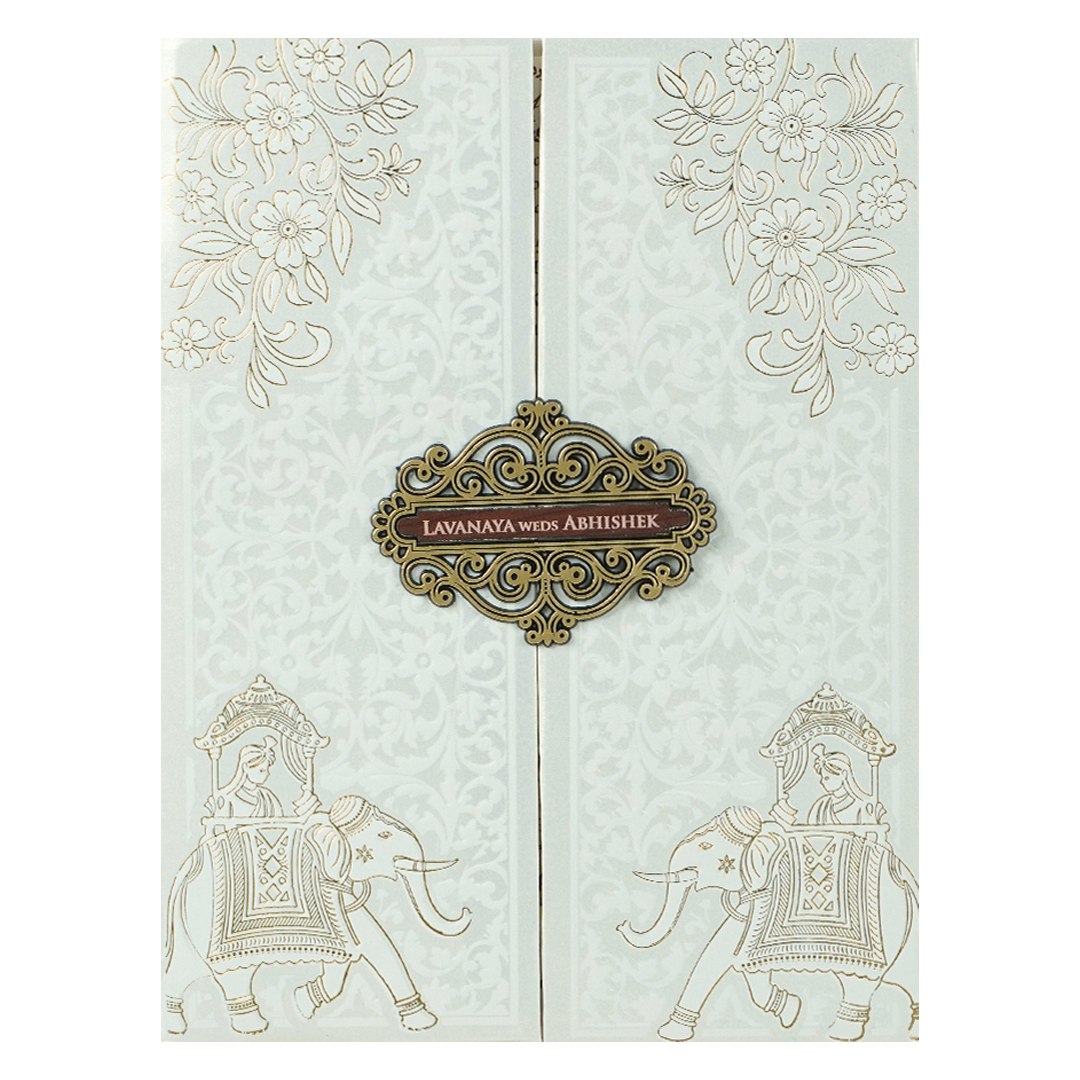 White Floral Royal Elephant Padded Wedding Card-KRE26370