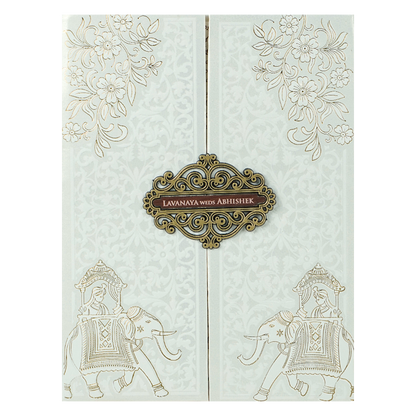 White Floral Royal Elephant Padded Wedding Card-KRE26370