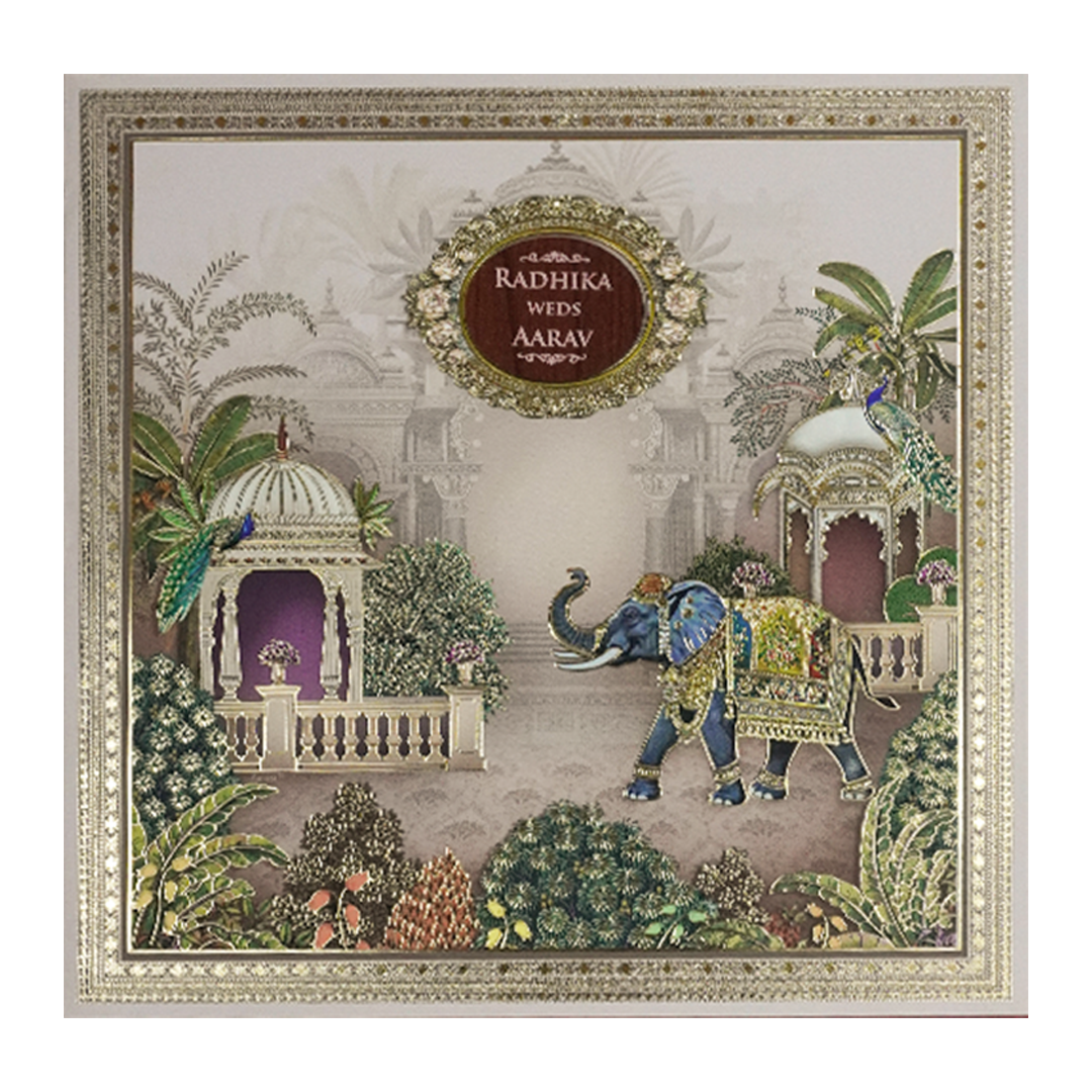 Cream Elephant Palace Padded Wedding Card-KSH72620