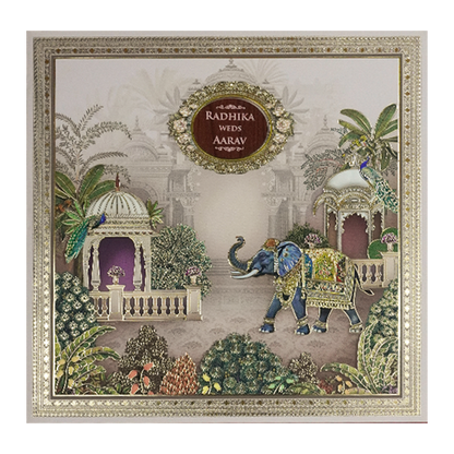 Cream Elephant Palace Padded Wedding Card-KSH72620