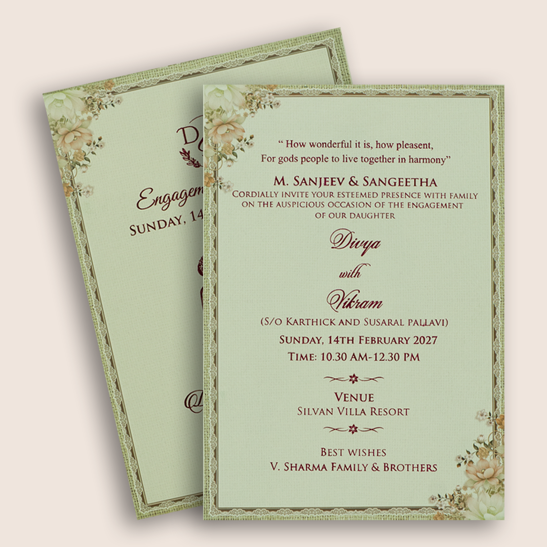 Light Green Single Sheet Floral Wedding Card - KNKS555G
