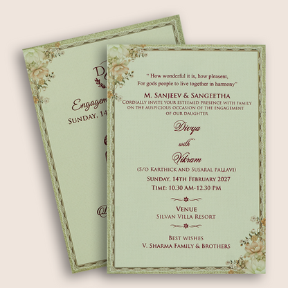 Light Green Single Sheet Floral Wedding Card - KNKS555G