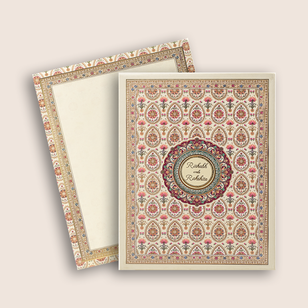 Cream Floral Padded  Round mandala Pattern Wedding card -KAA05720