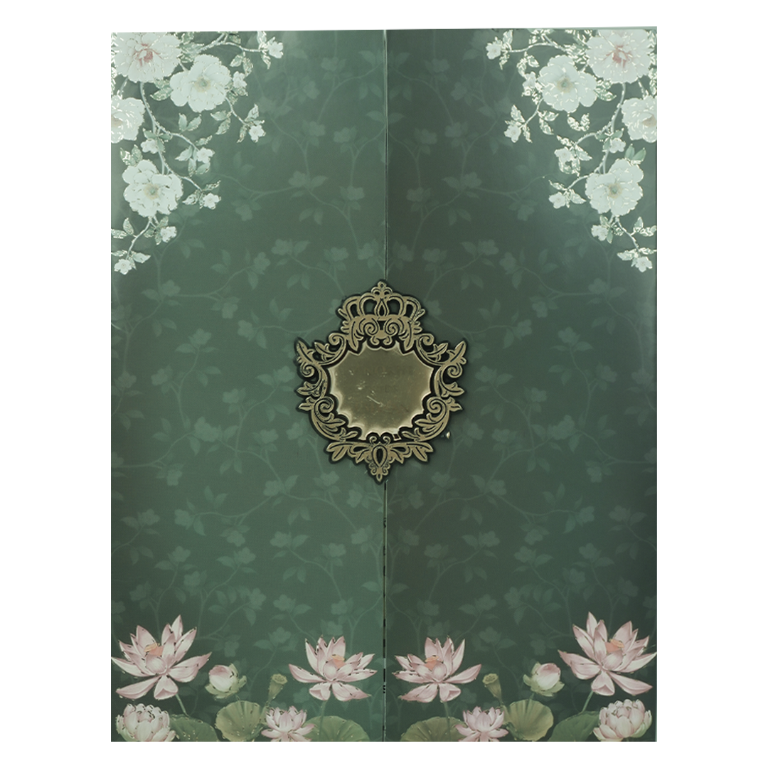 Green Lotus Floral Bag Wedding Card-KJTS3649