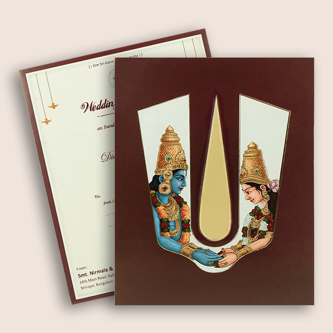 Maroon Vaishnava Tilak Balaji Padmavathi Wedding Card - KNKJ1168