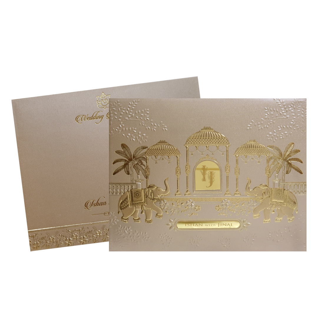 Beige Gold Padded Royal Elephant Embossed Wedding Card - KMMWD1108
