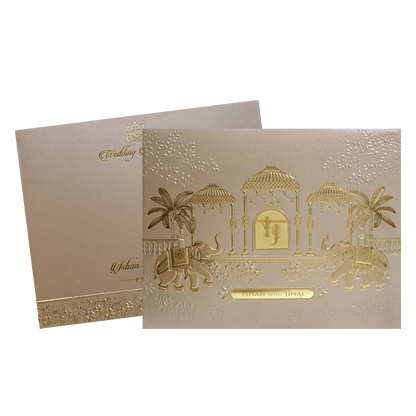 Beige Gold Padded Royal Elephant Embossed Wedding Card - KMMWD1108