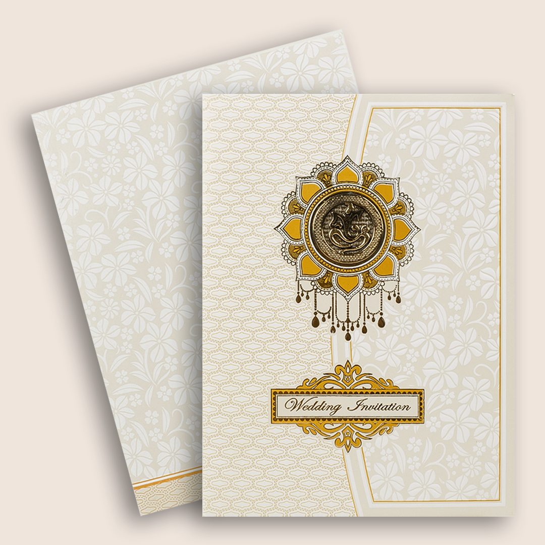 White Embossed Ganesha Invitation Card-KNK7061W