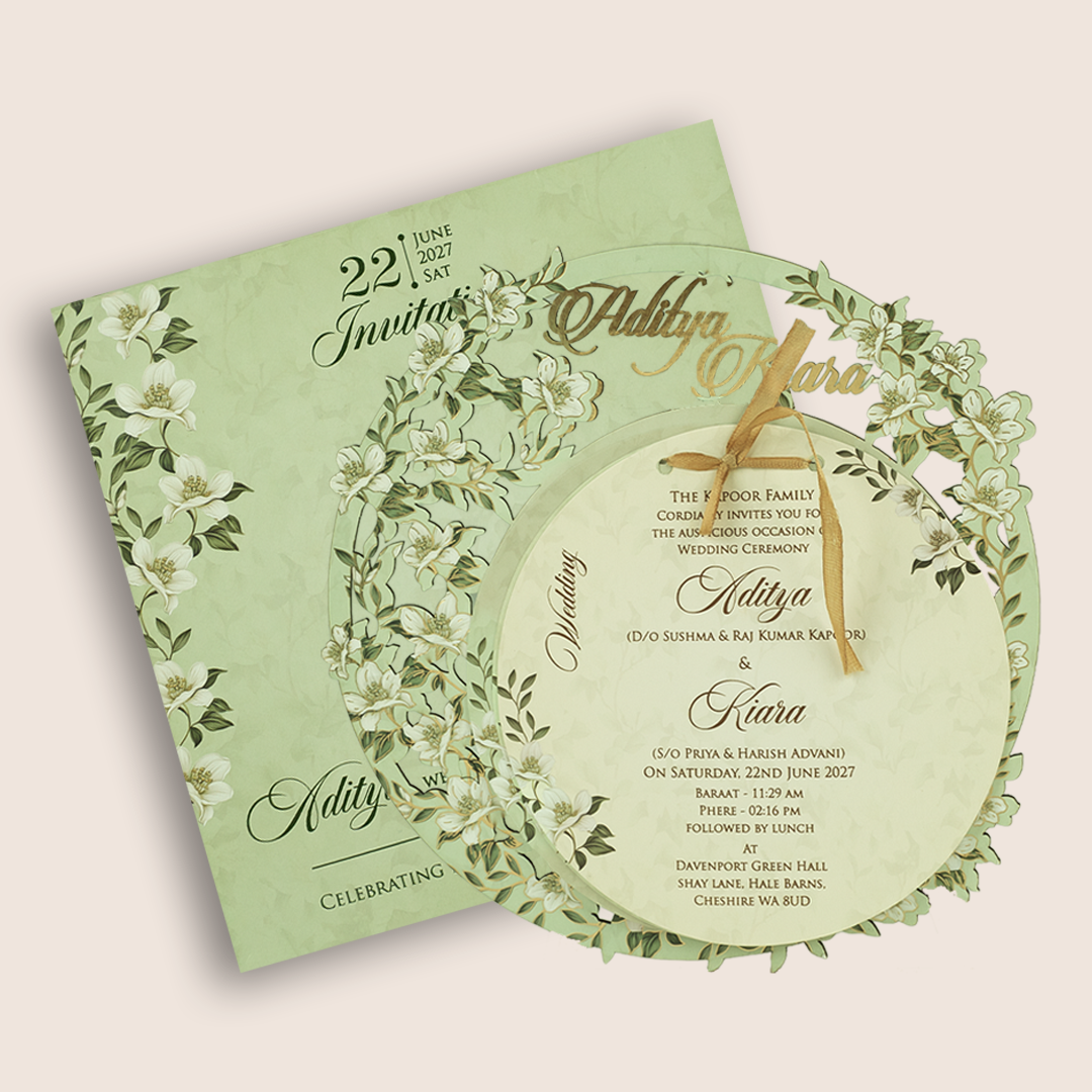 Mint Green Floral MDF Laser Cut Marriage Card - KFR17050