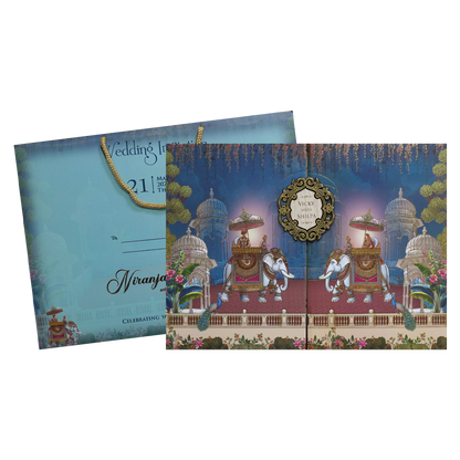 Blue Elephant Procession Padded Wedding Card - KSH72570