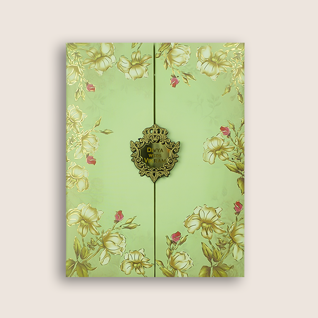 Green Floral Door Style Wedding Card - KNKC4097