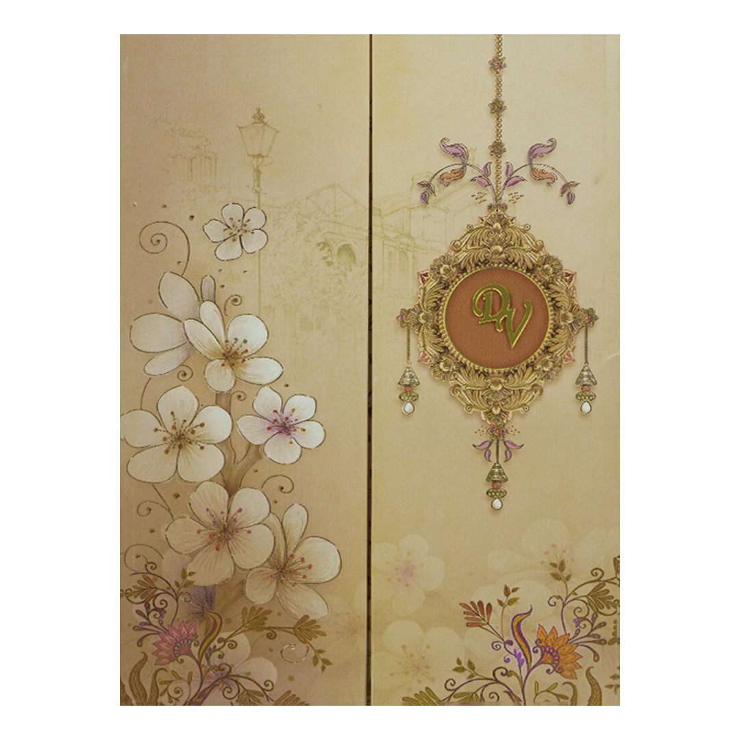 Cream Padded Door Style Floral Wedding Card-KNPO9509G