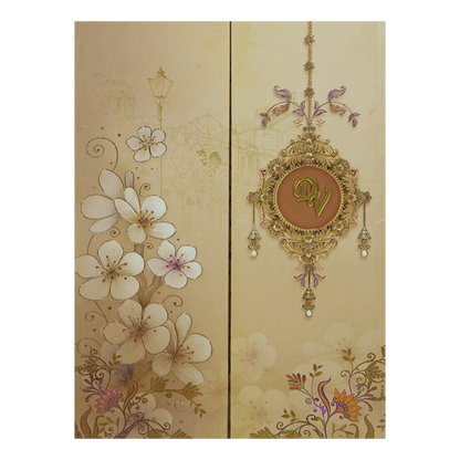 Cream Padded Door Style Floral Wedding Card-KNPO9509G
