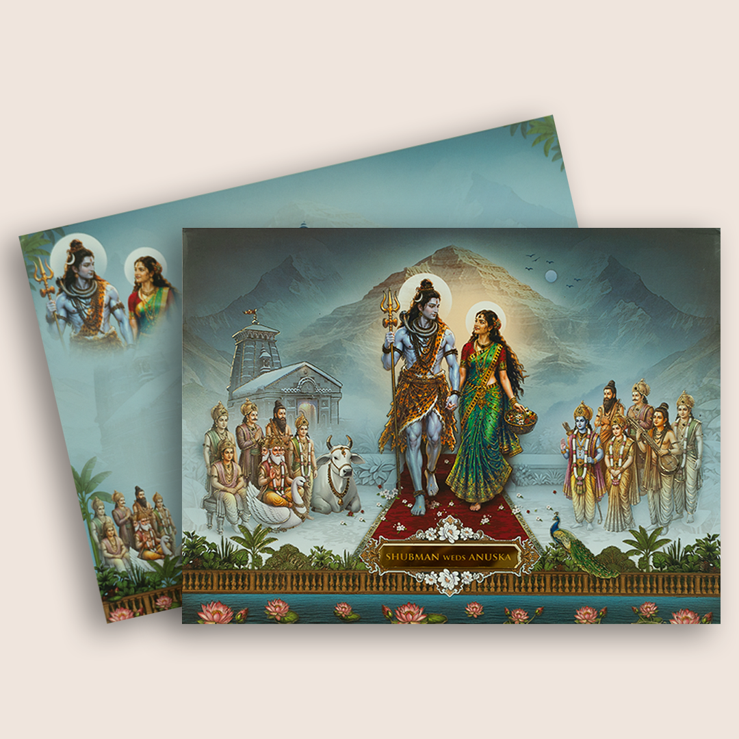 Blue Lord Shiva Parvathi Padded Wedding Invitation Card - KRB10780