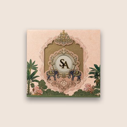 Peach Embossed Elephant Padded Wedding Card - KPR026050