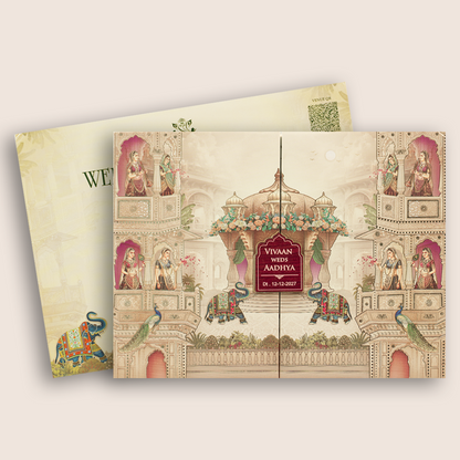 Beige Palace Padded Door Style Wedding Card - KSH18960