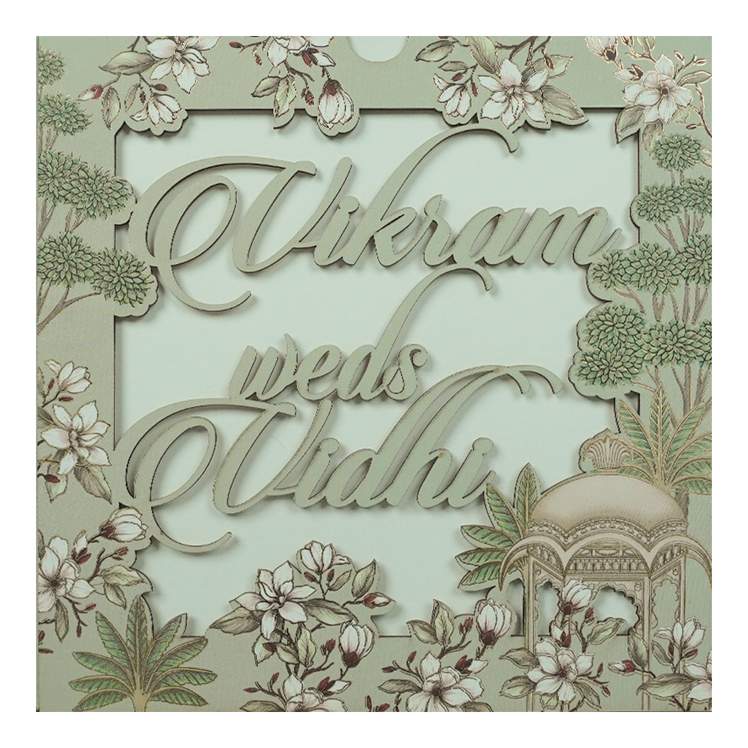 Green Pastel Floral Laser Cut Wedding Card-KRE26750