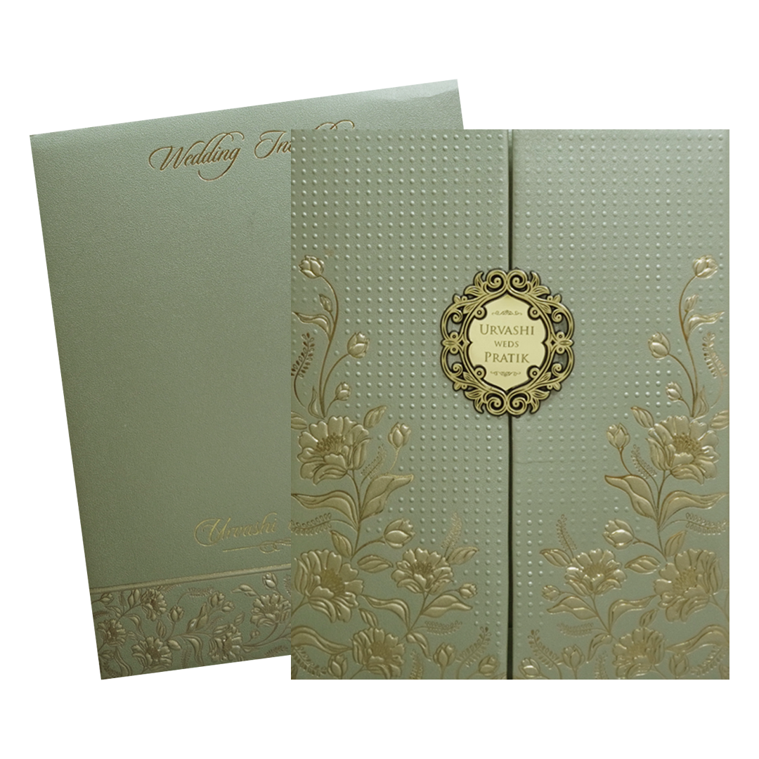 Green Floral Frame Padded Wedding Card - KMMWD1116