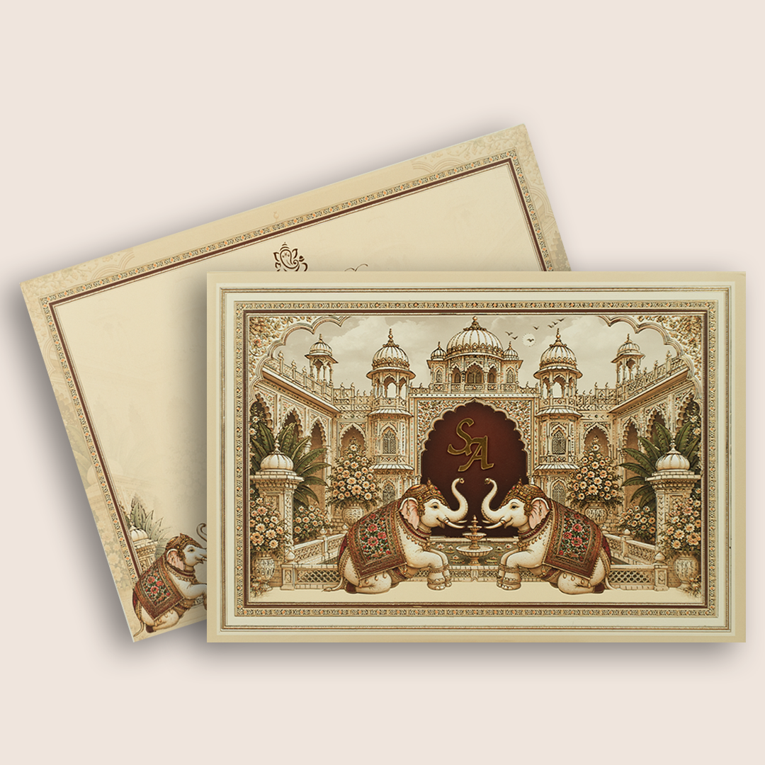 Beige Royal Palace Elephant Padded Wedding Card - KRB10730