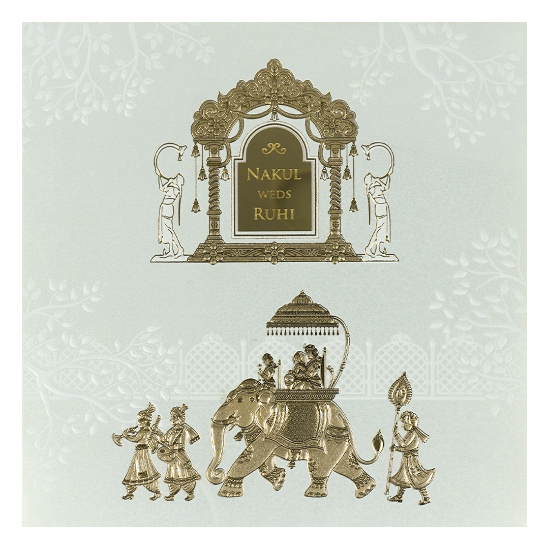 White Gold Arch Elephant Padded Wedding card-KRE28280