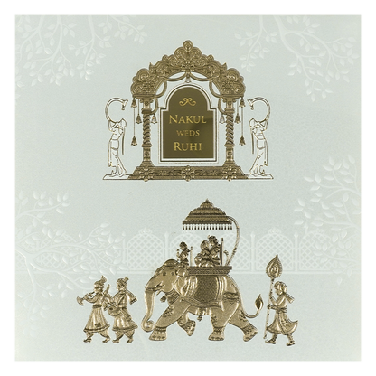 White Gold Arch Elephant Padded Wedding card-KRE28280