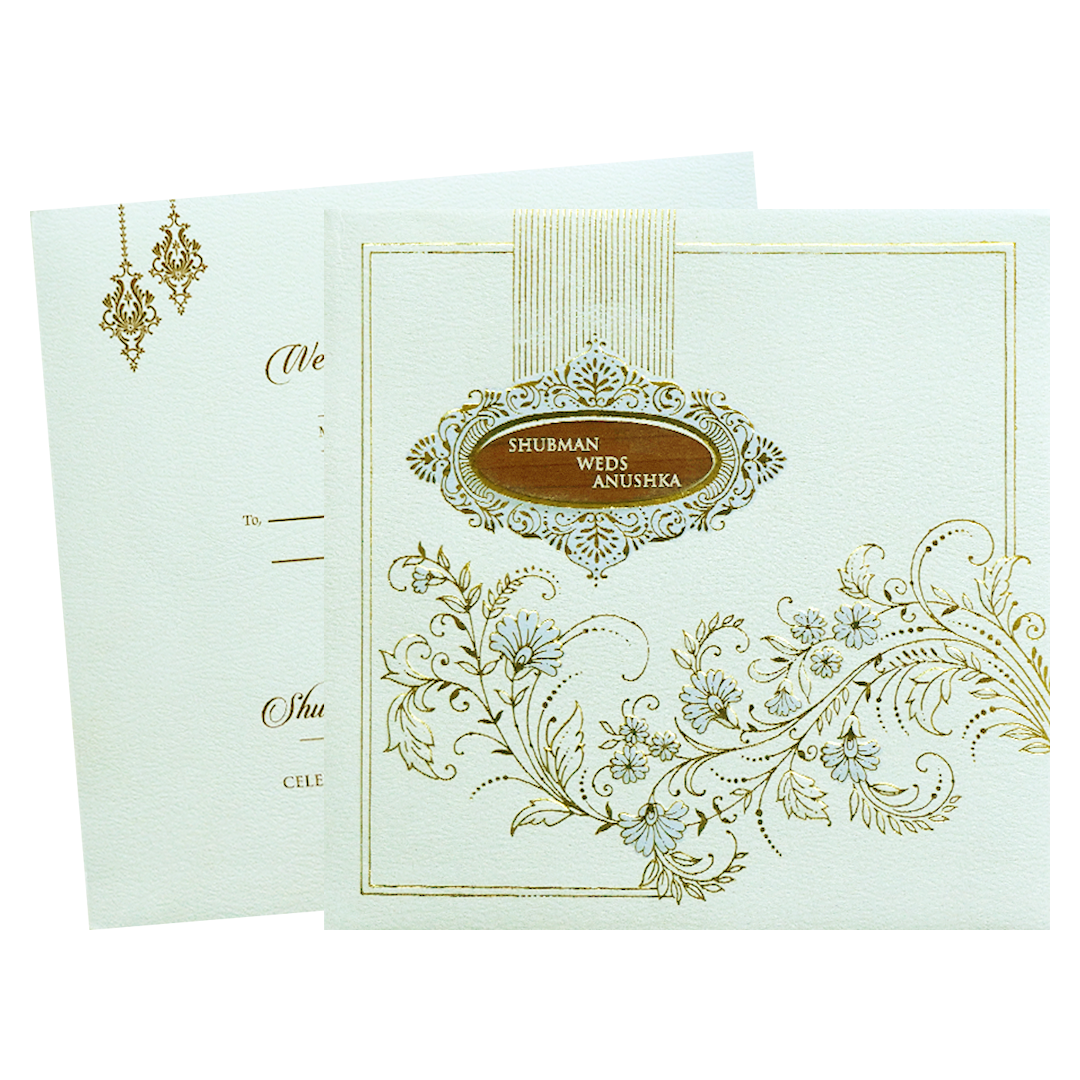 White Gold Embossed Padded Floral Wedding Invitation Card-KRB09580