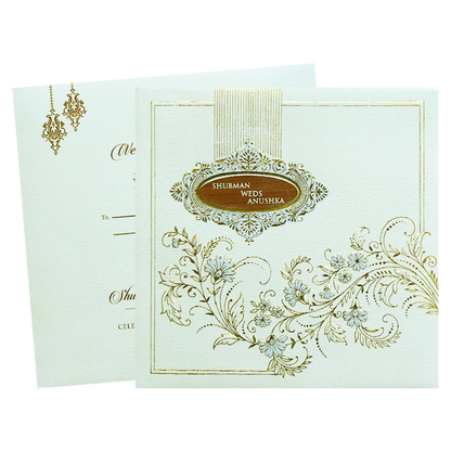 White Gold Embossed Padded Floral Wedding Invitation Card-KRB09580