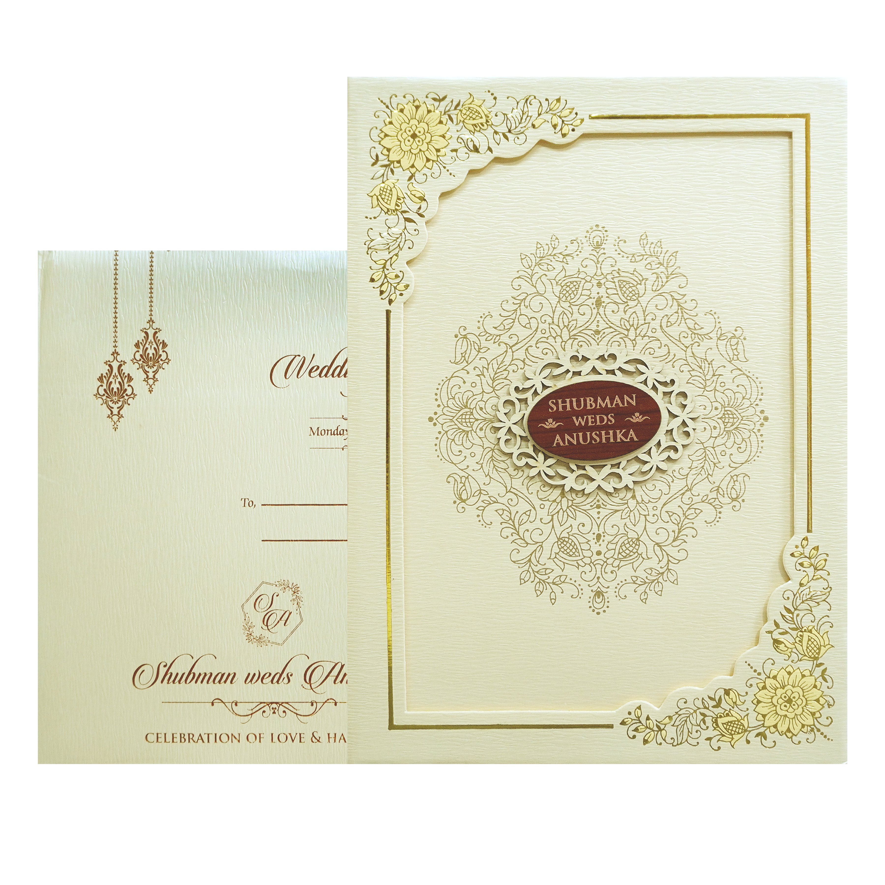 Cream Floral Frame Padded Wedding Card-KRB09671
