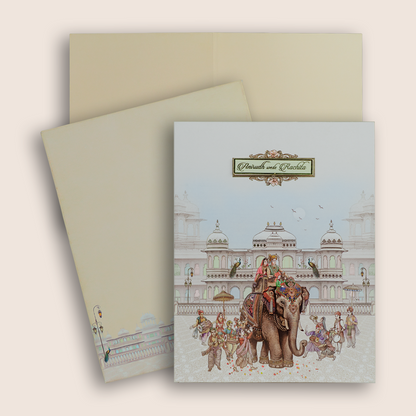 White Royal Elephant Baraat Wedding Card - KAA05140