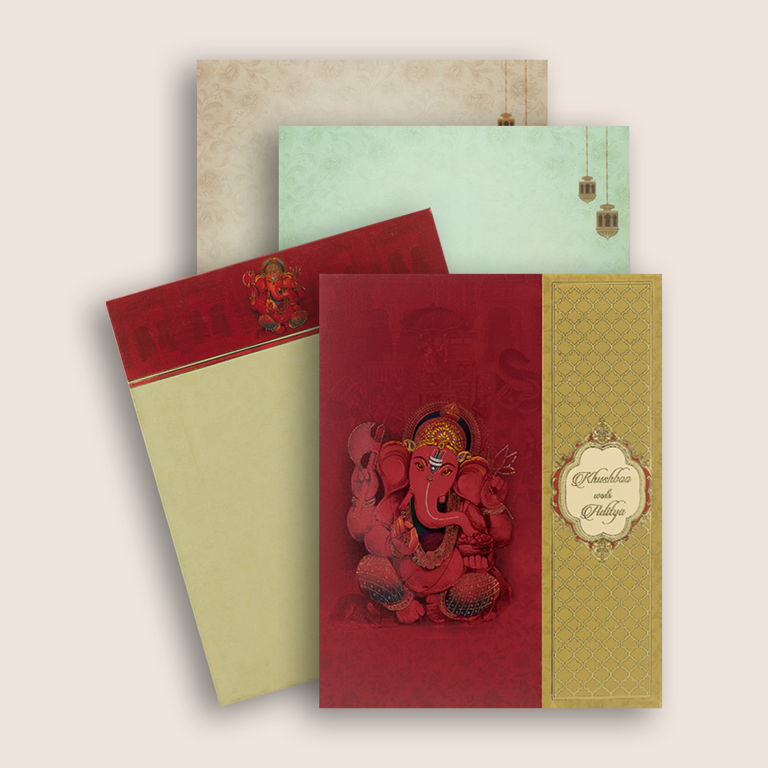 Red Ganesha Padded Door Style Wedding Card - KAA05640
